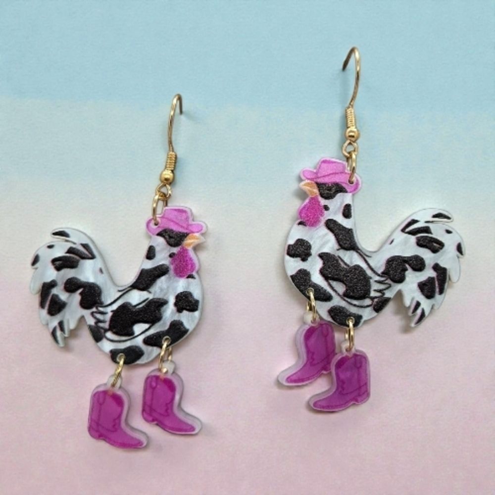 Cowgirl Rooster Cow Print Dangle Earrings Pink Cowboy Hat Chicken Western Chic